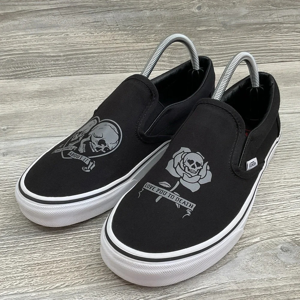 VANS Slip On Love You To Death Black Silver Canvas Shoes Womens Size 10 Mens 8.5